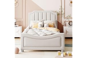 JIAOYU Letto singolo per bambini, 90 x 200 cm, con struttura a doghe in rete, letto per bambini, ragazzi e ragazze, senza materasso (bianco + ringhiera)