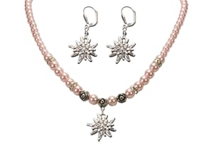 Alpenflüstern Trachtenschmuck-Set Perlen-Trachtenkette und Trachten-Ohrhänger Strass-Edelweiß - Damen-Trachten-Schmuck, Trachtenset Dirndl-Kette und Trachten-Ohrringe in traditionellen Farben SET005