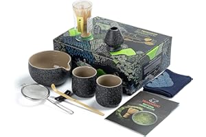 ‎TEANAGOO TEANAGOO Keramik, Matcha Set Schneebesen Schale mit Ausgießer Schöpfkelle Schneebesen Halter Teezubereitungsset. 1 Japanische Tee-Set (7pcs) + 2Cups(7.2oz),S1,Charcoal Grey, schwarz/Grau