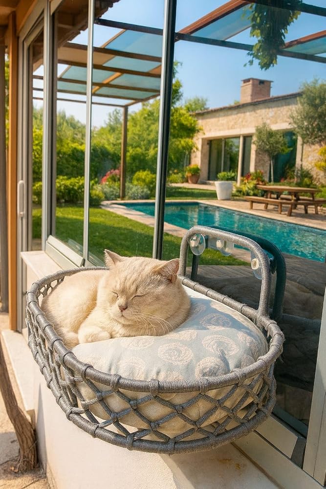 TASARYUM Pencere Kenarına Monte Edilebilir Macrame Örgü Kedi Hamağı, Gri Renk, Vantuzlu (GRİ, BÜYÜK BOY)