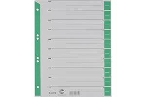 Leitz Intercalaires A4, Lot de 25, Extra-Large, Gris avec Bande Perforée et Onglets Verts, 100% Recyclé, Onglets Prédécoupés, 16523055