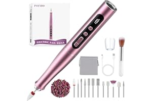 POFIBO Ponceuse pour ongles électrique professionnelle 35000 tr/min sans fil – Lime à ongles électrique pour gel & acrylique, manucure & pédicure, écran LCD, USB-C, 12 embouts + 36 bandes