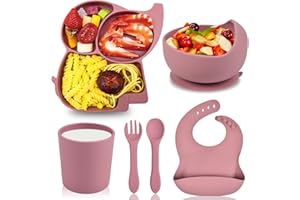 Hoseay Kindergeschirr Set 6 Stücke Baby Geschirrset Silikon Kinderteller mit Saugnapf Teller Schüssel Löffel Gabel Lätzchen Becher BPA Frei Rutschfester Baby Essen Sets für Kleinkinder Mädchen, Rosa