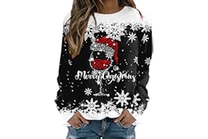 KILOXYEFRO Weihnachtspullover Damen Lustig Rotwein Glas Druck Sweatshirt Oversized Rundhals Langarm Ugly Weihnachten Pullover Christmas Oberteile Frauen Xmas Pulli Tops