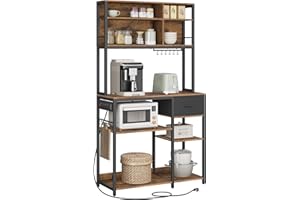 VASAGLE Scaffale Cucina con Multipresa, Mobile Cucina, 40 x 100 x 180,4 cm, Scaffale per Microonde, Ripiani Regolabili, Cassetto in Tessuto, 12 Ganci, Marrone Vintage e Nero Inchiostro KKS027K02