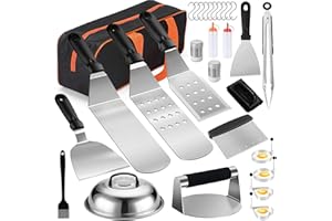MTISCOLLA Griddle Accessories Kit for Blackstone, 30PCS Professional Flat Top Grill Tools Barbecue Cooking Utensils Set with Griddle Spatula Kit, Smash Burger Press, Basting Cover for BBQ Teppanyaki Plancha