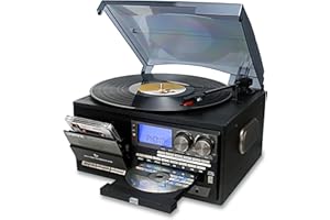 LoopTone Vinyl Record Player 10 in 1 3 Speed Bluetooth Vintage Turntable CD Cassette Player AM/FM Radio USB Recorder Aux-in RCA Line-Out (Black-Grey)