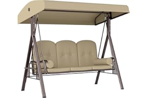 ‎OUTSUNNY Outsunny 3-Sitzer Hollywoodschaukel Gartenschaukel mit Sonnendach Kissen Metall Polyester Khaki 116 x 206 x 183 cm