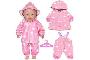 Dockkläder, regnrock, set för 35–45 cm dockor (14–18 tum) – 3-delad dockkläder med vattentät docka, regnjacka i rosa tecknad design, docktillbehör för babydockor, utan docka