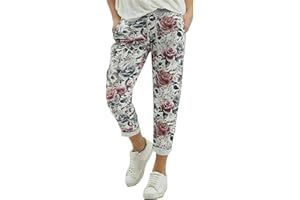 URBAN FASHION Crazy Fashion Women’s Ladies Denim Joggers Star Printed Sweatpants Floral Ribbed Waistband Trousers Ladies Casual Summer Italian Gym Running Pants Plus Size 8-26