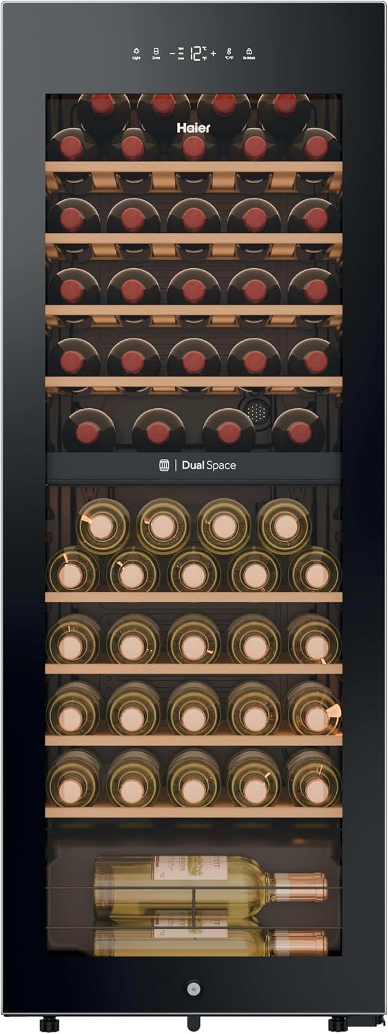 Haier Wine Bank 50 Series 5 HWS56GDG Vinoteca de 56 botellas, 2 Zonas independientes, Estantes de madera, Filtro Anti-UV, Sistema Antivibración, Display Digital, Iluminación LED, 37 dbA, Negra
