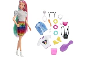 Barbie - ​Bambola Capelli Multicolor con Funzione Cambia Colore, Include Cerchietto e Borsa a Forma di Gatto e Accessori a Tema Leopardo, Giocattolo per Bambini 3+Anni, GRN81