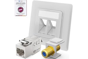 ‎HB-DIGITAL hb-digital 1x Anschlussdose Netzwerkdose LAN Dose Unterputz mit RJ45 Keystone Modul CAT 6a und vergoldet F-Verbinder Keystone F-Buchse Keystone-Halterung Adapter - Signalweiss