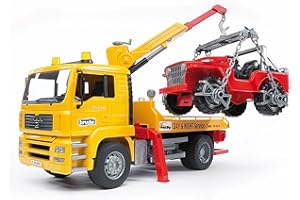 bruder 02750 - Man TGA Abschlepp-LKW mit Geländewagen - 1:16 Abschleppwagen, Abschlepper, Fahrzeug, LKW, Auto, Jeep, Werkstatt, Geländewagen