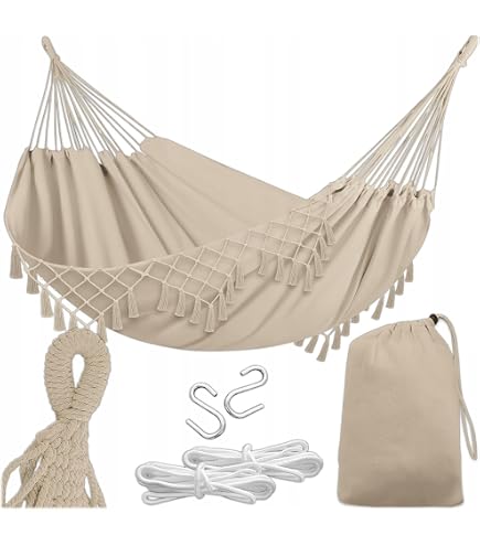 Amaca In Cotone 300x150 Cm – Per 2 Persone, Capacità 300kg, Con Ganci E Cinghie, Design Con Nappe Bianche, Portatile, Per Giardino, Campeggio E Matrimoni
