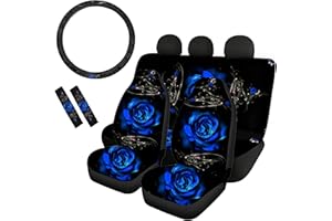 Coloranimal Blue Rose Pattern Front and Back Car Seat Covers Set for Women Men Soft Car Steering Wheel Covers Shoulder Strap Pads