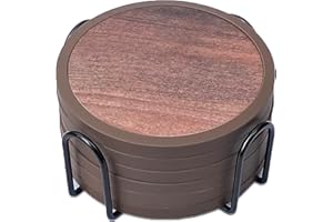 NEXVORO Absorbent Coasters for Drinks with Holder - 6packs, Silicone Coasters with Soft Felt Insert, Wooden style