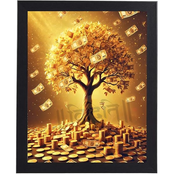 ALAYRA Vastu Money Tree Painting, Golden Tree Wall Art In A4 Wooden Frame Good Luck Prosperity Home Decor 8 X 12 Inch