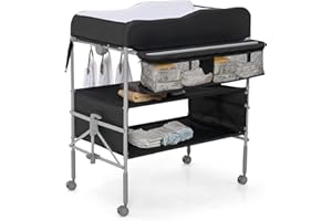 GYMAX Baby Changing Table, Foldable Infant Diaper Changing Station with 4 Lockable Wheels, Storage Basket & Shelves, Height Adjustable Newborn Bath and Changer Unit (Black)