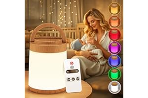 ONE FIRE Luz Nocturna Infantil,8 Brillos y 10 Colores Dimmable Lampara Bebe Noche,Recargable Portátil Lamparas de Mesita de Noche,Remoto+Temporizador Luz Quitamiedos Infantil,Táctil Luz Roja[Grano de Madera]