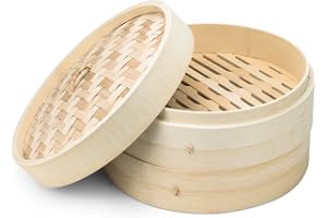 25cm Bamboo Steamer, 2-Tiers Organic Handmade Bamboo Steam Basket with Lid, Chinese Food Steamers, 100% Natural Bamboo Healthy Cooking, Perfect for Steamed Buns, Dumplings, Vegetables, Rice or Meat