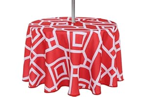 LUSHVIDA Moroccan Outdoor Round Tablecloth with Umbrella Hole and Zipper, 60 Inch Red, Waterproof Wrinkle Free Table Cloth Decorative Fabric Washable Table Cover for Patio, Party, Picnic