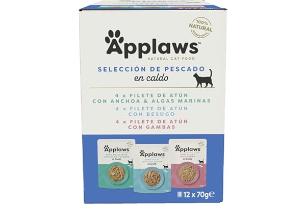 Applaws Comida Húmeda para Gatos 100% Natural Multipack de Selección de Pescado en Caldo para Gatos Adultos - 12 Sobres de 70g