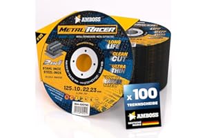 AMBOSS WERKZEUGE 100 discos de corte de metal de 125 x 1 x 22,23 mm de diámetro. El disco de corte de metal Metal Racer by Ambos es adecuado para acero y acero inoxidable, disco de corte de acero/acero inoxidable 125