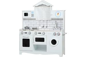 AIYAPLAY Cocina de Juguete de Madera con Sonido y Cortinas, Cocinita Infantil con Accesorios de Acero Inoxidable, Lavadora, Microondas, Fregadero, Juguetes para Niños a Partir de 3 Años, Blanco