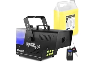BeamZ RAGE1500LED Nebelmaschine mit Flüssigkeit, 1500 Watt Fogger inkl. 5L Nebelfluid, DMX Rauchmaschine mit Lichteffekt, Intervall Timer Fog Machine, Funkfernbedienung, 3,5 Liter Tank, Partyrauch