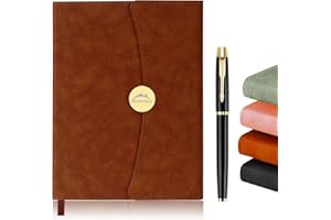 WEEKSUN A5 Leather Notebook, Round Buckle Magnetic Retro Executive Notebooks with Pen, 100Gsm Lined Journal Book, Suitable for Students, Teachers, Office Workers(Brown)