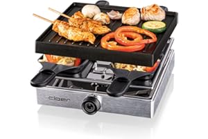 Cloer 6454 Raclette gril avec plaque en aluminium moulé sous pression, 4 poêlons à raclette antiadhésifs, spatule en plastique, emplacement de stationnement non chauffé, 750 vatios, aluminium