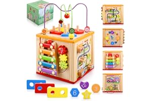 AUNEY Motorikwürfel Motorikspielzeug ab 1 Jahr, 8 in 1 Aktivitätswürfel Baby Montessori Spielzeug ab 1 Jahr, Motorikschleife Kinderspielzeug Sortierspiel Holzspielzeug Lernspielzeug für 1 2 3 4 Jahre Kinder