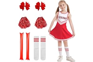 Suffolly Deguisement Pompom Girl Fille, Deguisement Pompom Girl Enfant, Deguisement Fille avec Pompon Pompom Girl et Chaussettes, Costume Cheerleader Enfant pour Halloween Carnaval Mascarade