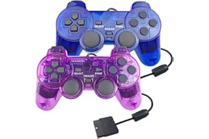 Hovlian 2 Pack PS2 Wired Controller,Double Shock Gamepad Compatible with PS2 Controller (Clear Blue and Clear Purple)