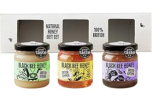 Black Bee Honey Gift Set - x3 42g British Mini Raw Honey Pack, Creamy Light Spring Honey, Runny Floral Summer Honey and Thick Bold Autumn Honey, Pure From Hive to Jar - Delicious Gifts for her and him
