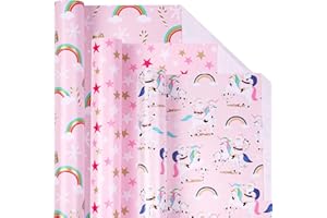 Holijolly Rouleau De Papier De Noël - Père Noël Et Licorne/Arc-En-Ciel/Étoiles En Rose Pour Papier D'Emballage, Artisanat -43 X 305 Cm X 3 Rouleaux