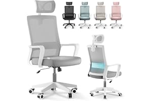 JUPPLIES Silla Escritorio Ergonomica - Silla Oficina Ajustable y Reclinable con Soporte Lumbar, Reposacabezas Ajustable, Malla Transpirable, Ruedas Giratorias 360° Soporta hasta 100kg (Gris)