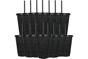 Yisituo Kinderbecher mit Deckel und Strohhalm, 15 Stück Plastikbecher, Trinkbecher Kinder für Partys, Camping, Travel (15, Schwarz)