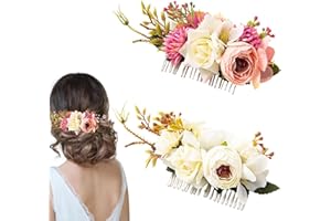 AUSWALAR 2 PCS Artificial Rose Flower Metal Hair Side Combs Slides Clips Floral Wedding Bridal Headpieces Clips Hairpins Barrettes Bun Chignon Hair Accessories for Women Flower Girls Brides Bridesmaids