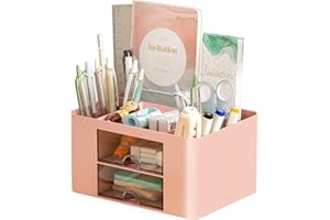 Marbrasse Desk Organiser with Drawers,Multifunctional Pen Holder with 7 Compartments,Stationary Organiser for Home Office Desk and Accessories(Pink)