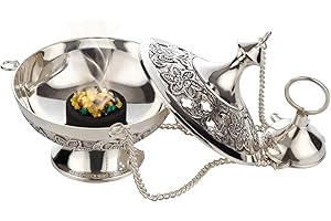 MaMeMi Set de Regalo de Incienso del Vaticano Que Incluye un incensario [latón Plateado, Altura aproximada de 10 cm, Cadena de Aproximadamente 25 cm] con Incienso y carbón