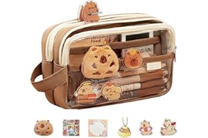 HSHENJHU Piórnik o dużej pojemności, 5 warstw, uroczy z naklejką capybar i przytulanką, dla chłopców i dziewczynek, brązowy, 19.5 x 12 x 7 cm