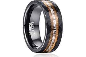 NUNCAD Bague Homme Noir 8mm Anneau en Tungstène avec Bois de Cerf Incrusté Alliance Homme Finition Facettes Martelé Taille 54.4(17.3)-67.2(21.4)