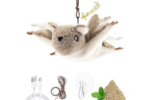 Vealind Jouet pour Chat avec Herbe à Chat, Jouet de écureuil Volant Peluche Rechargeable par USB, Jouet pour Chat Interactif Electronique avec Sons de Réaliste
