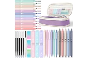 Four Candies 39 PCS Fournitures Scolaires Avec étui à Crayons, 6 Porte Mines de 0,5 et 0,7 mm, 5 Stylos à Encre Gel Noire,12 Surligneurs Pastel Comprend 6 Tubes de Mines et 3 Gommes (Violet)