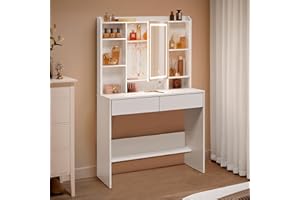 VASAGLE Kailyn Collection - Coiffeuse avec Miroir LED, 3 Couleurs, Luminosité Réglable, Table de Maquillage, Grand, Étagère de Rangement Réglable, 2 Tiroirs, Style Moderne, Blanc RDT123T14