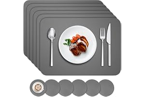 ‎BANNIO BANNIO 6er Set Tischsets Abwaschbar,Abwischbar Lederoptik Platzset und Untersetzer,Wasserdicht PVC Platzdeckchen Tischset für Hause Küche Restaurant und Hotel,41x31cm,Dunkelgrau