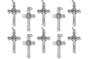 CARITAS ET FIDES Bulk Pack of 10 - St Benedict Crucifix Cross for Rosary Making - 1.5 Inch Silver Oxidized Crucifix Rosary Part for Catholic Necklace, St Benedict Rosary and Rosary Making Supplies, Made in Italy,