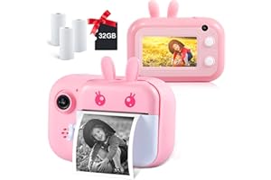 MINIBEAR Kids Instant Camera with Print Paper, 3.0 Inch Color Touch Screen Camera for Kids 1080P HD Dual Lens Selfie Digital Camera, 28MP Video Camera for Children with 32GB TF Card (Pink)